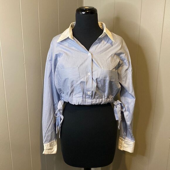 Zara Medium Pinstripe Collared Long Sleeve Cropped Shirt Elastic Hem with Ties - Picture 1 of 8